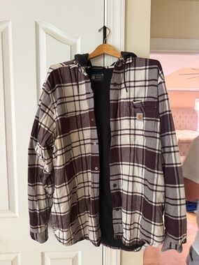 Carhartt Burgundy & Cream Plaid Hooded Flannel Shirt